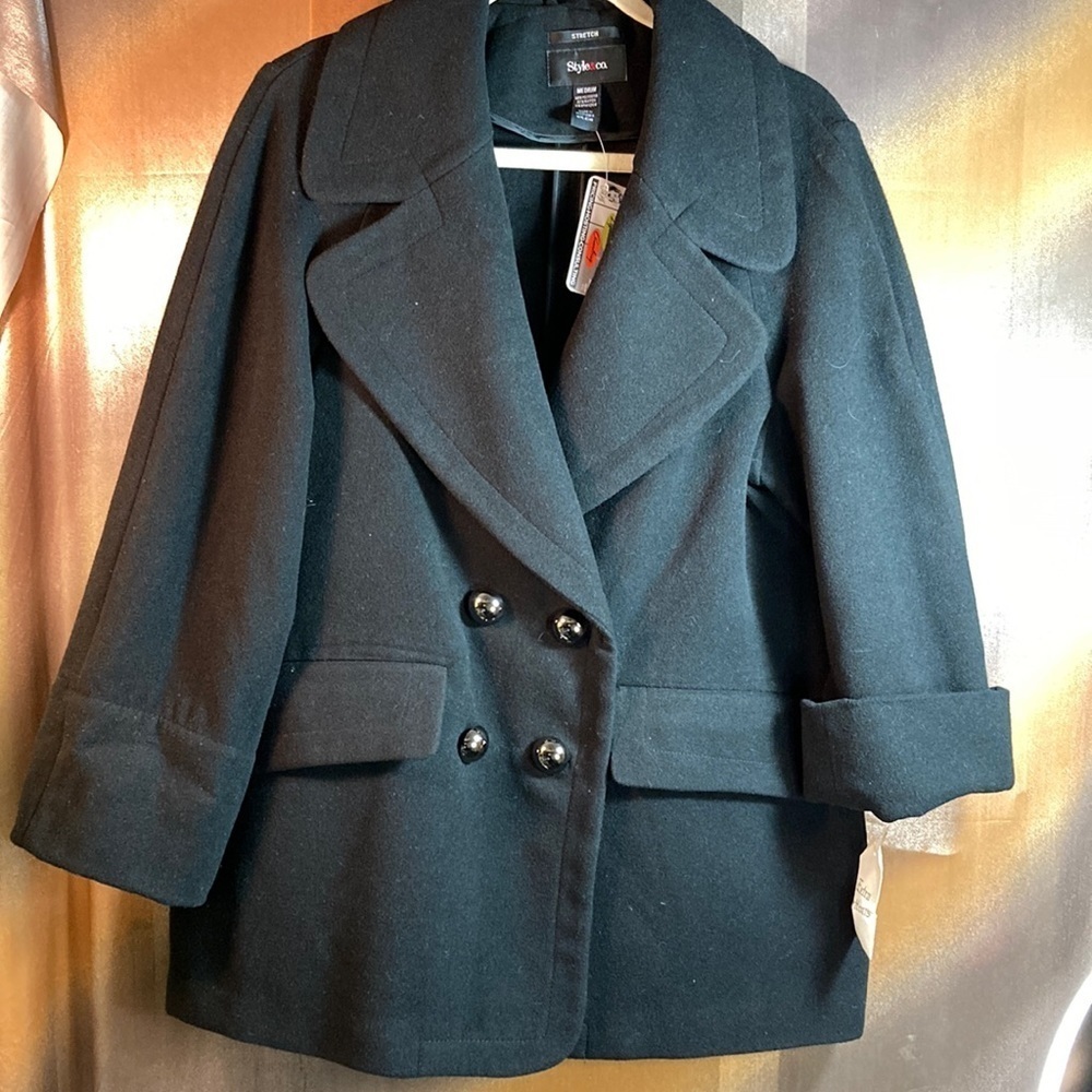 Black stretch Style & Co. pea coat. Size M. 40” chest. 17” shoulder. 1